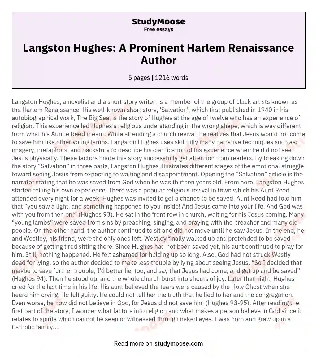 Langston Hughes: A Prominent Harlem Renaissance Author essay