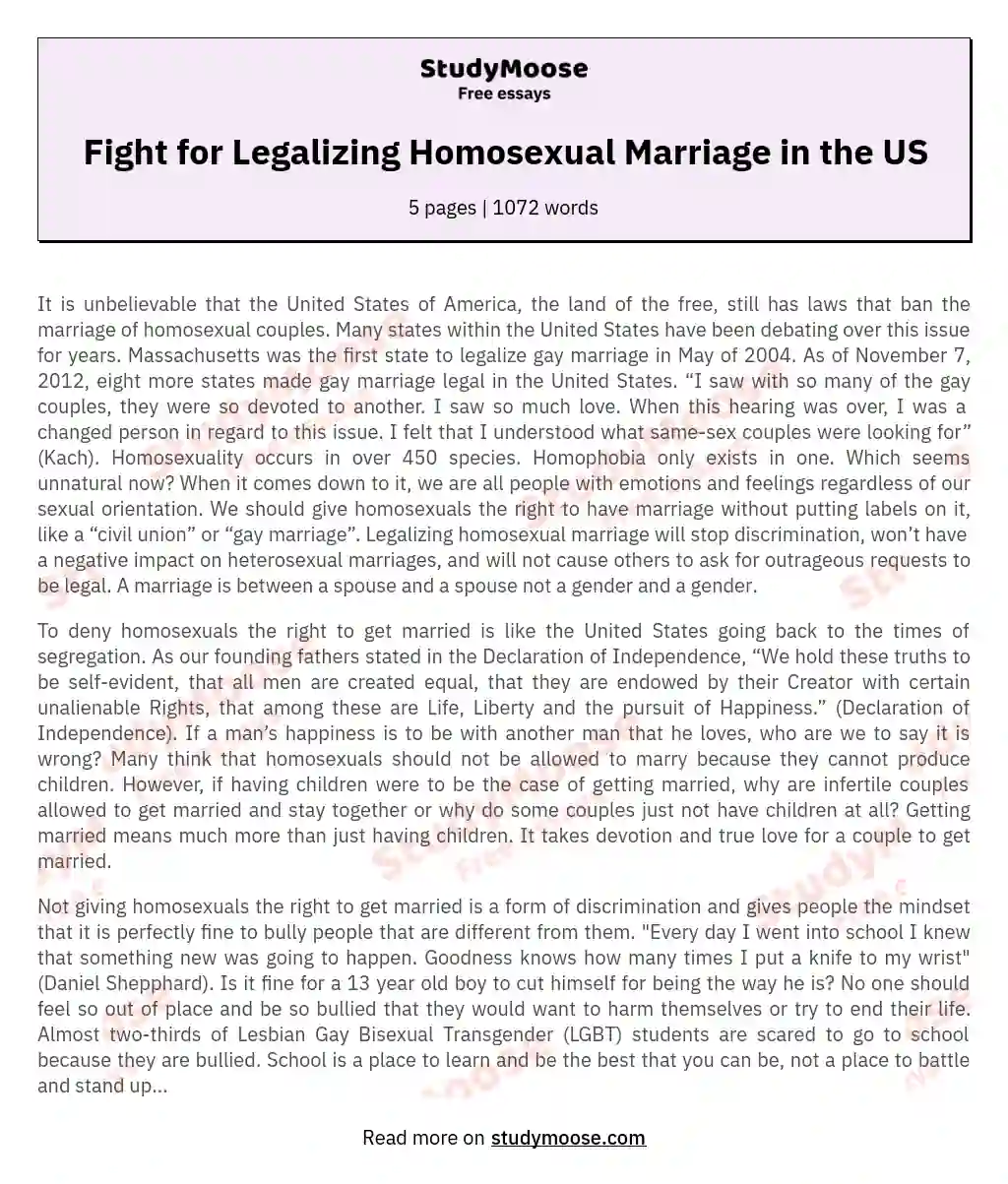 Fight for Legalizing Homosexual Marriage in the US essay