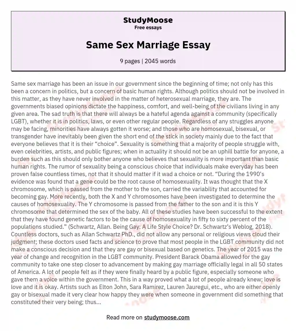 Same Sex Marriage Essay Free Essay Example