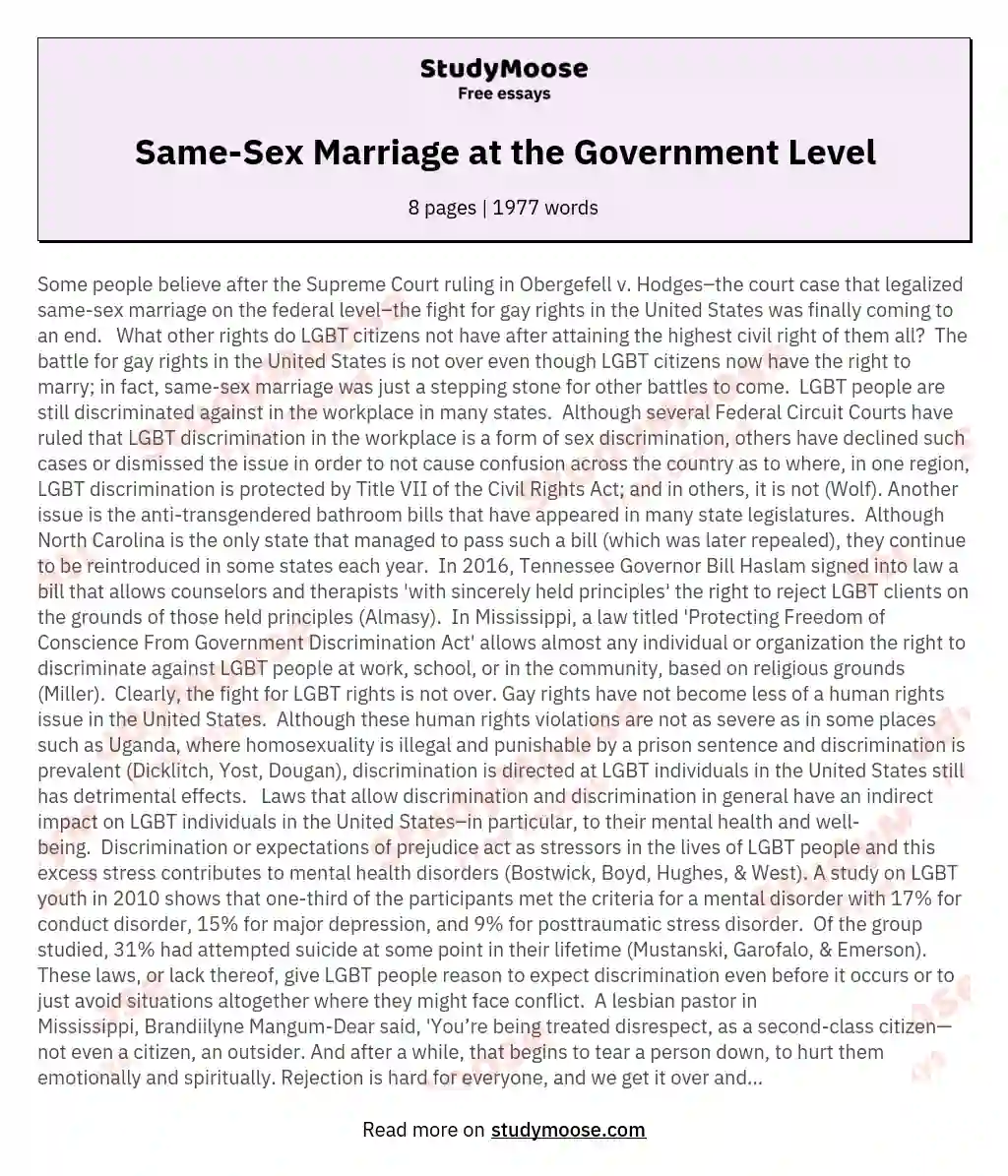 Same-Sex Marriage at the Government Level essay