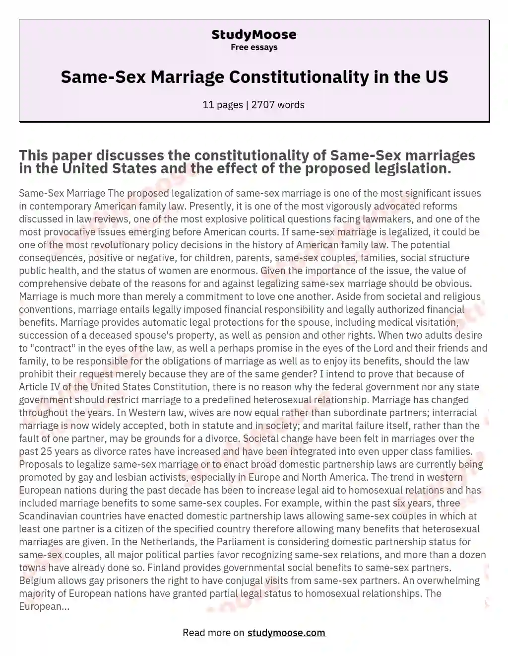 Same-Sex Marriage Constitutionality in the US essay