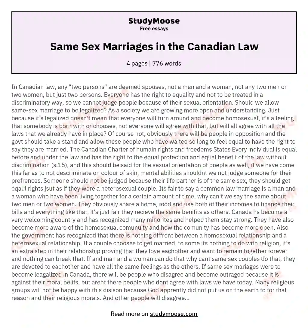 Same Sex Marriages in the Canadian Law essay