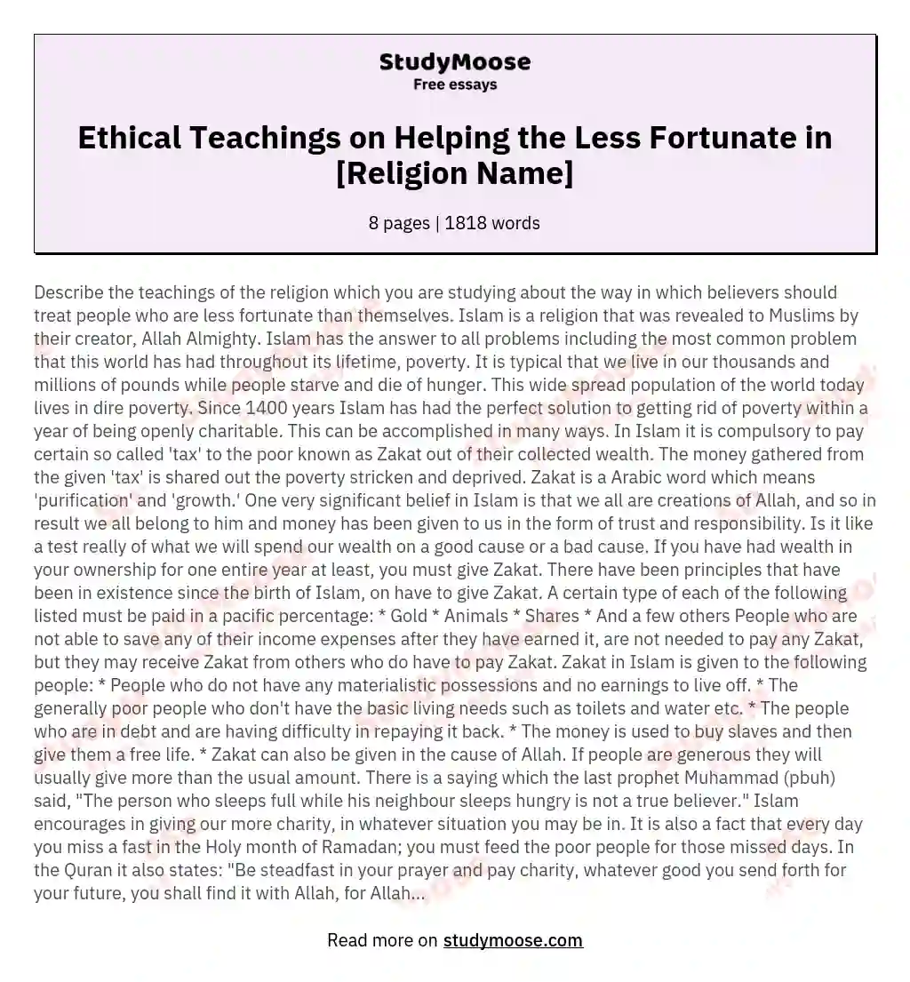 Ethical Teachings on Helping the Less Fortunate in [Religion Name] essay