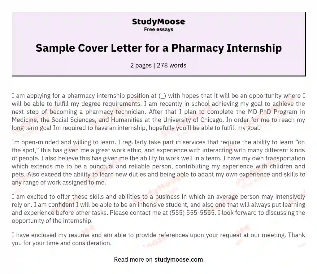 Sample Cover Letter for a Pharmacy Internship essay