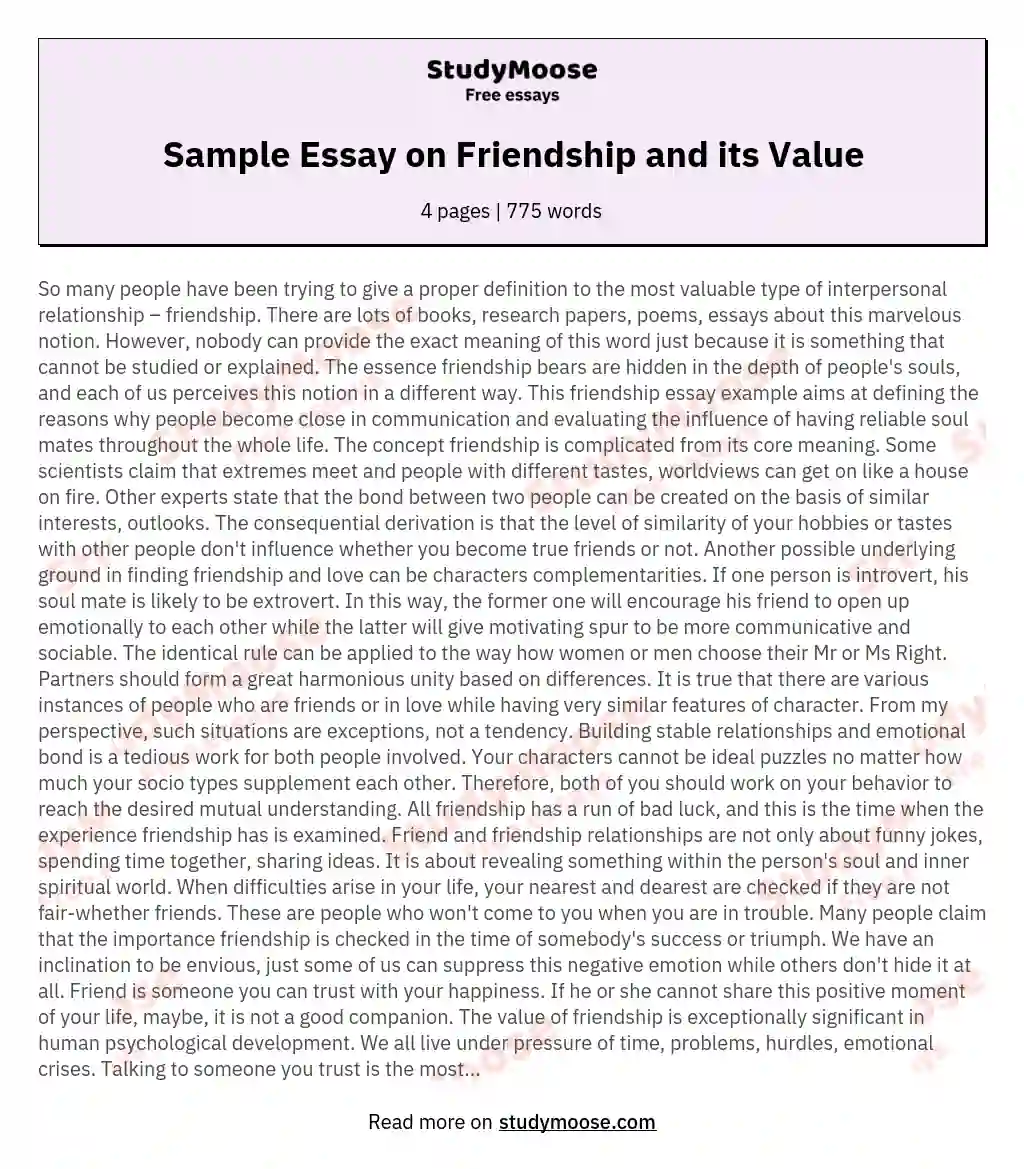 Sample Essay on Friendship and its Value essay