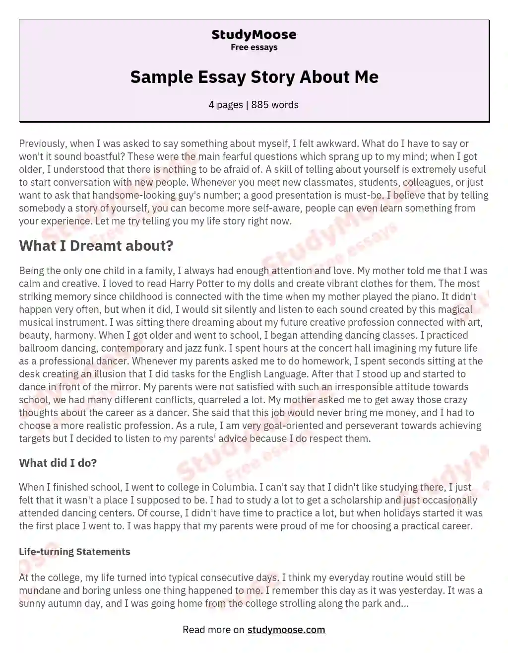Sample Essay Story About Me essay