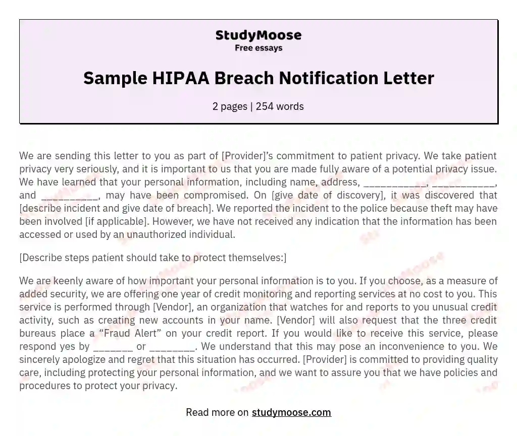 Sample HIPAA Breach Notification Letter Free Essay Sample