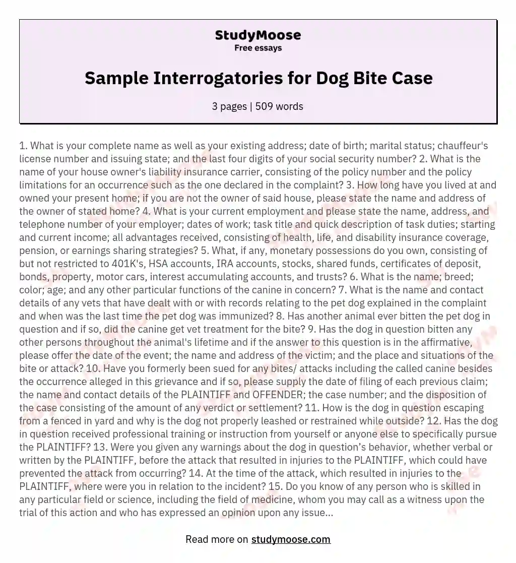 Sample Interrogatories for Dog Bite Case essay