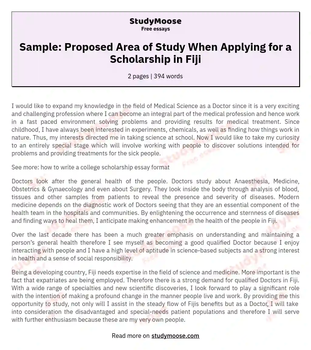 Sample: Proposed Area of Study When Applying for a Scholarship in Fiji essay