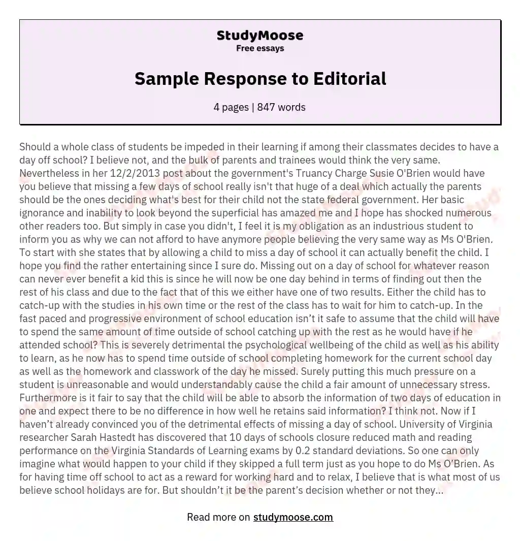 Sample Response to Editorial essay