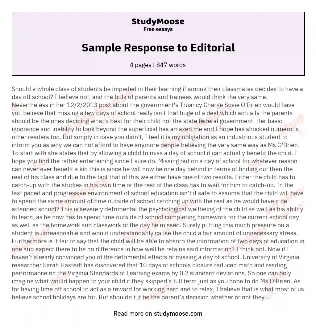 Sample Response To Editorial Free Essay Example