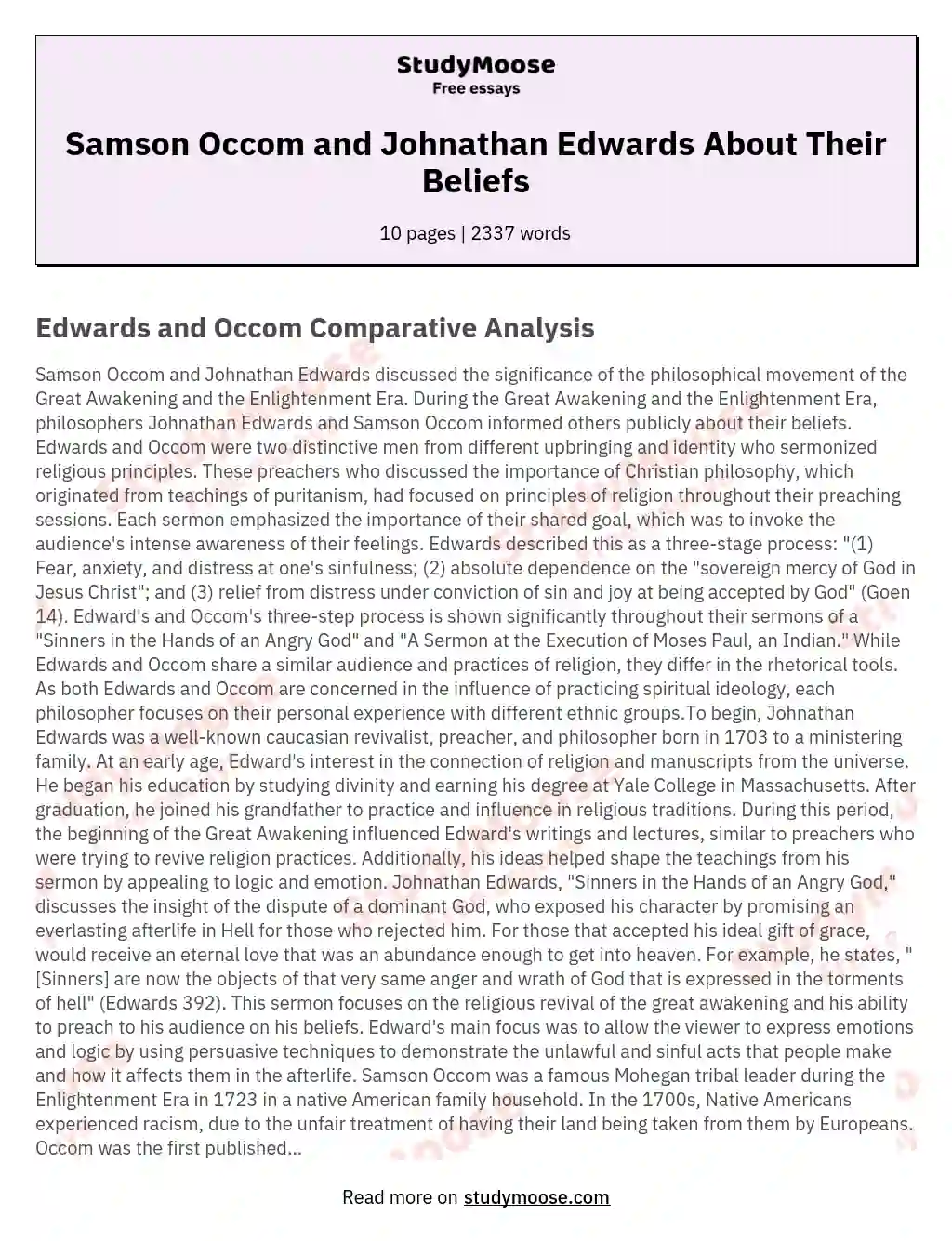 Samson Occom and Johnathan Edwards About Their Beliefs essay