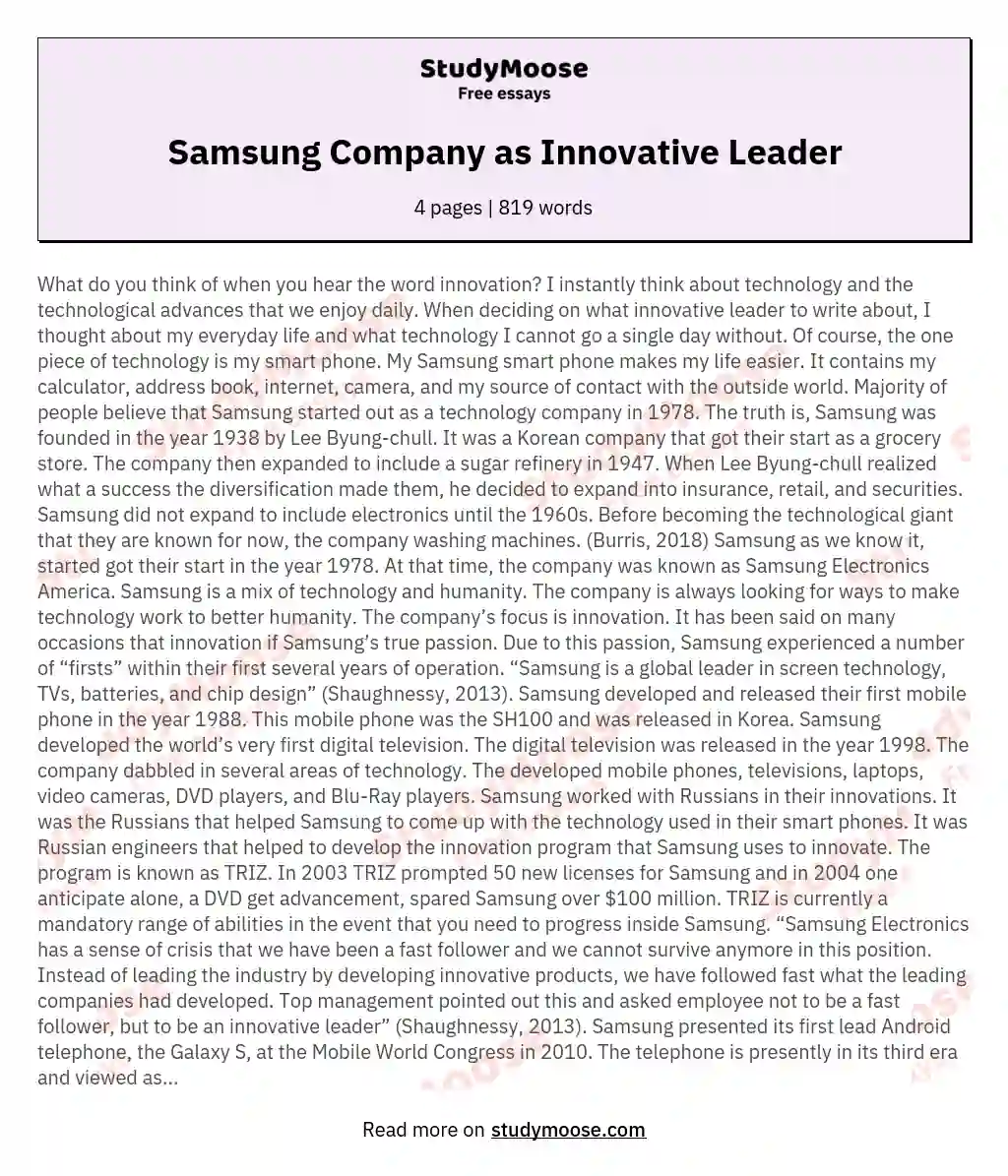 Samsung Company as Innovative Leader essay