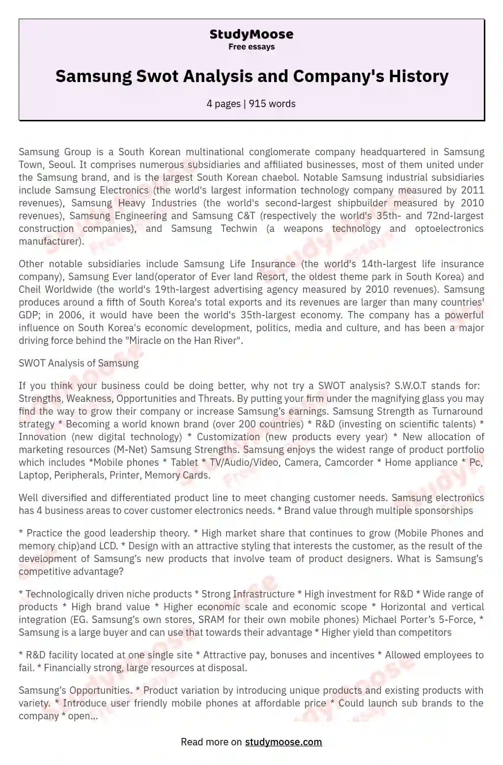 Samsung Swot Analysis and Company's History