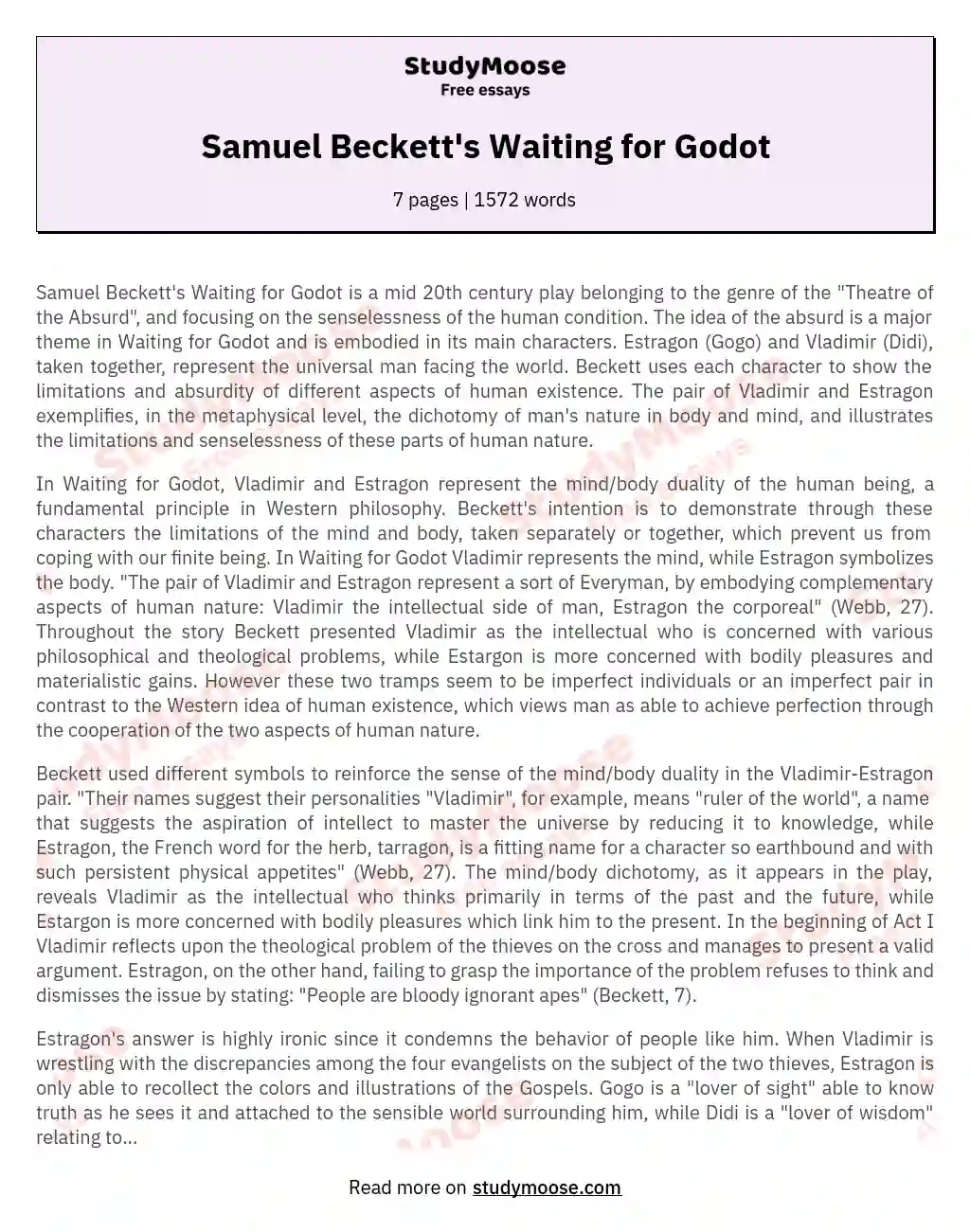 Samuel Beckett's Waiting for Godot essay
