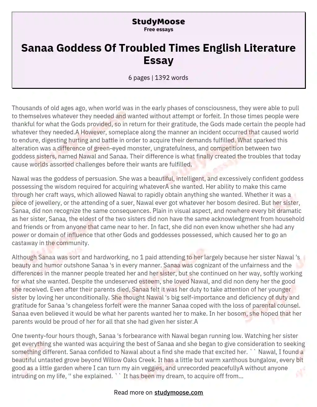 Sanaa Goddess Of Troubled Times English Literature Essay essay