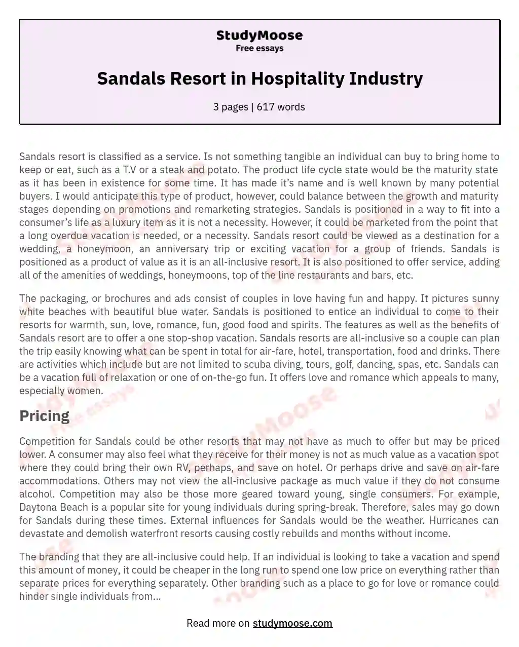 Sandals Resort in Hospitality Industry essay
