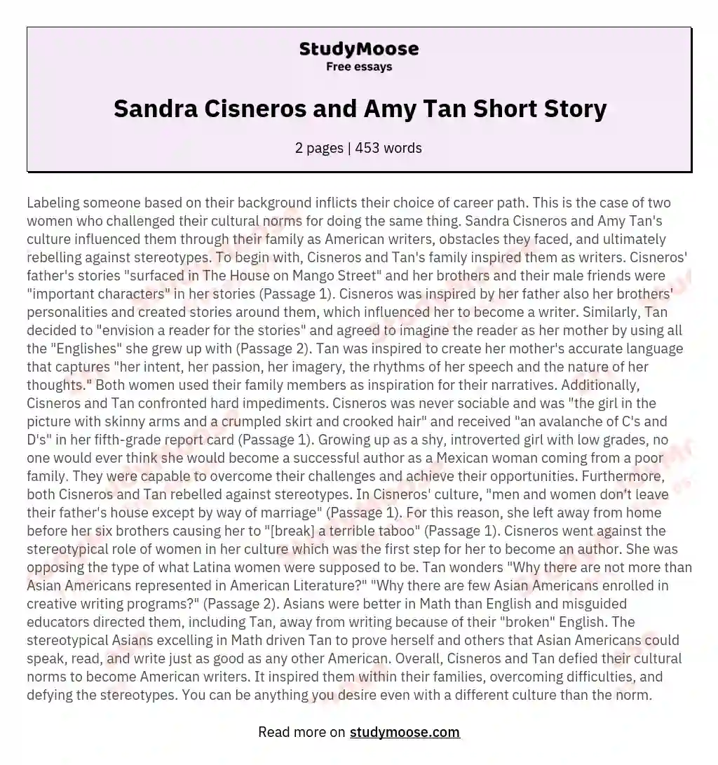 Sandra Cisneros and Amy Tan Short Story essay