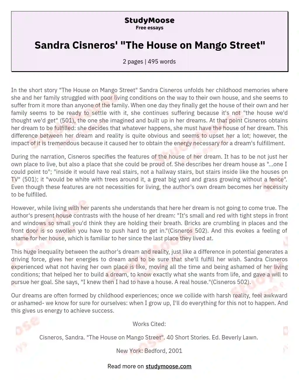 Sandra Cisneros' "The House on Mango Street" essay