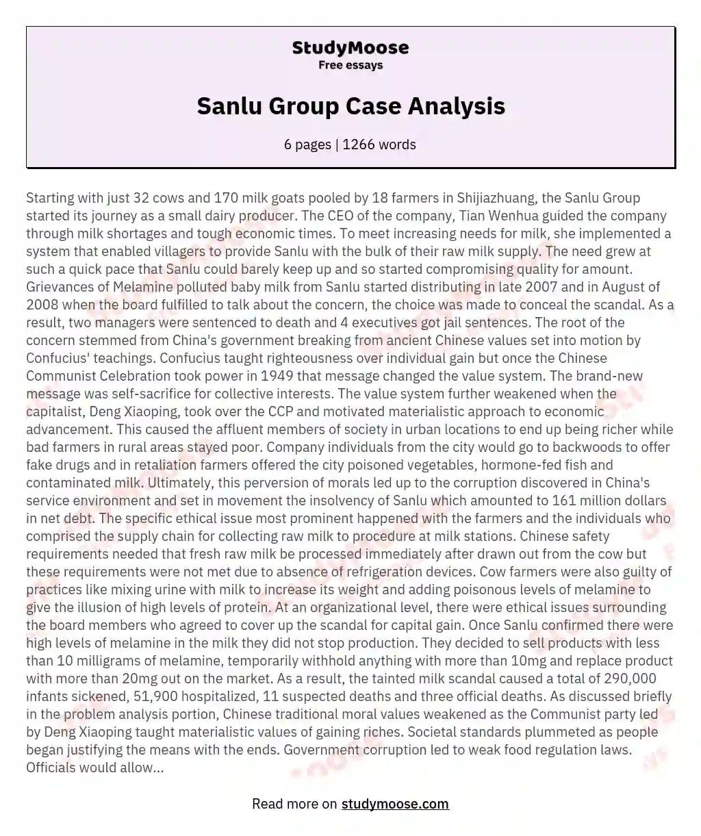 Sanlu Group Case Analysis essay