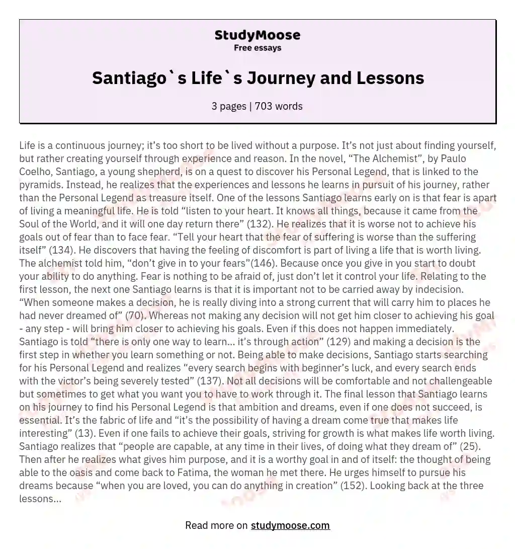 Santiago`s Life`s Journey and Lessons essay