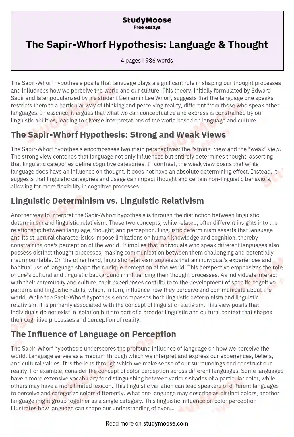 The Sapir-Whorf Hypothesis:  Language & Thought essay