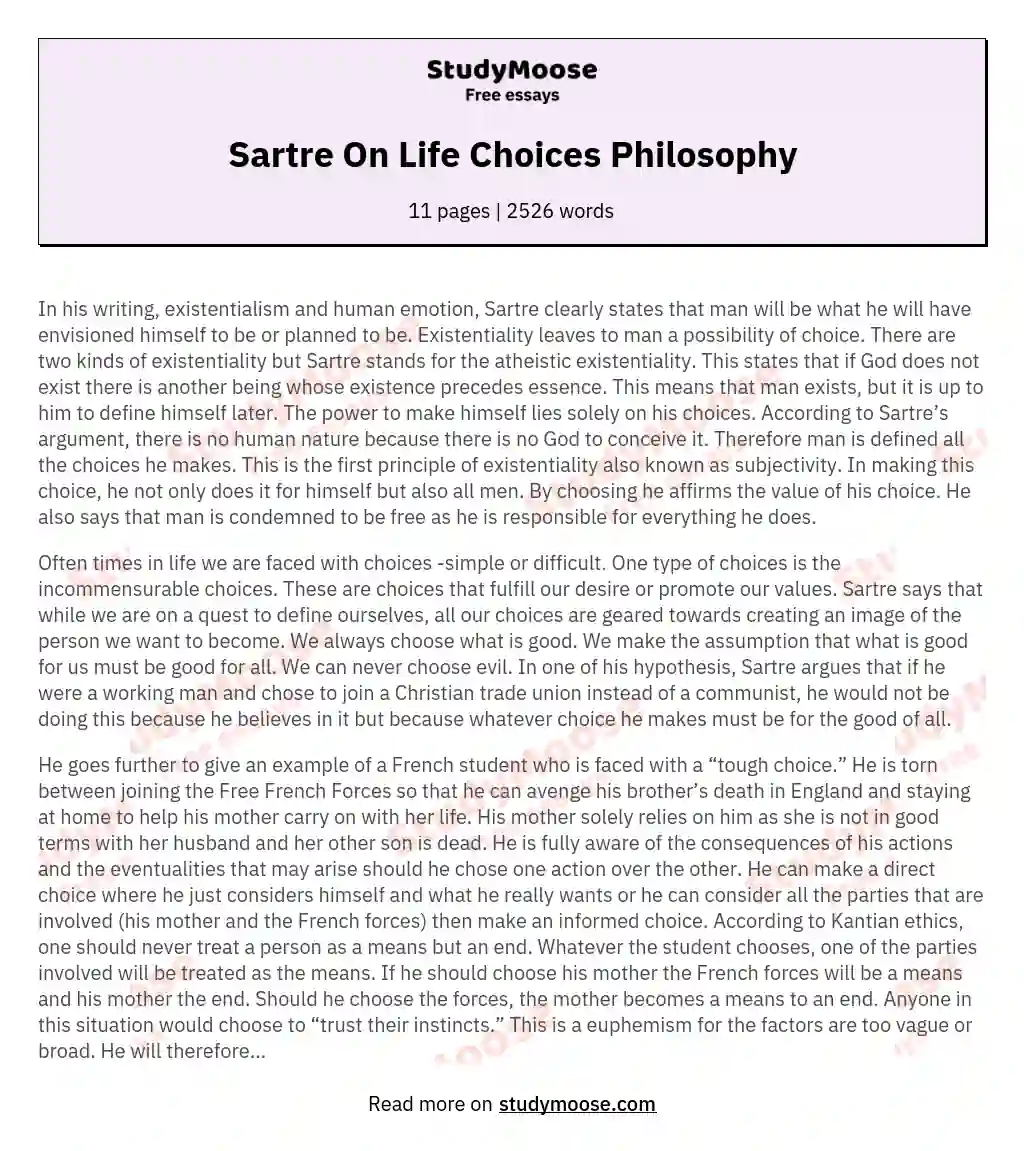 Sartre On Life Choices Philosophy