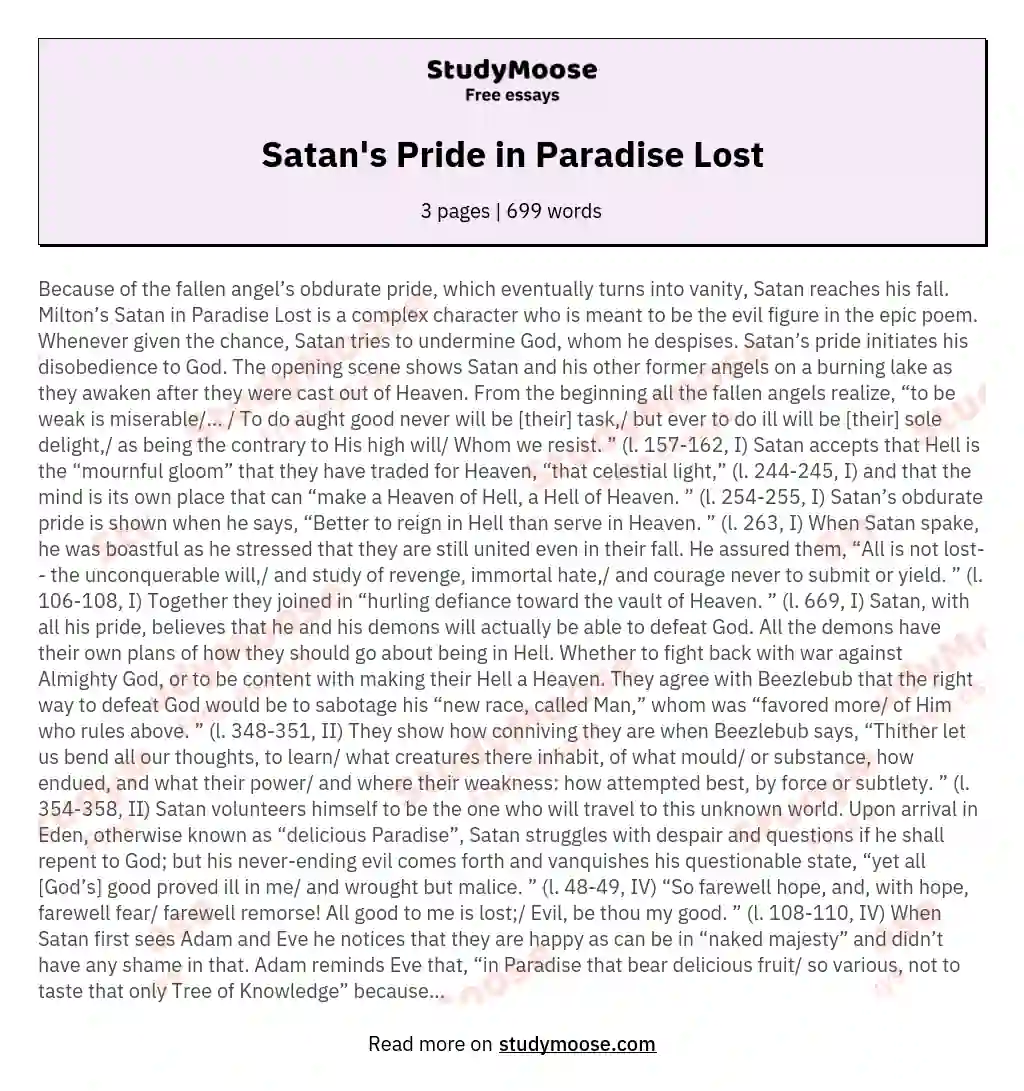 Satan's Pride in Paradise Lost