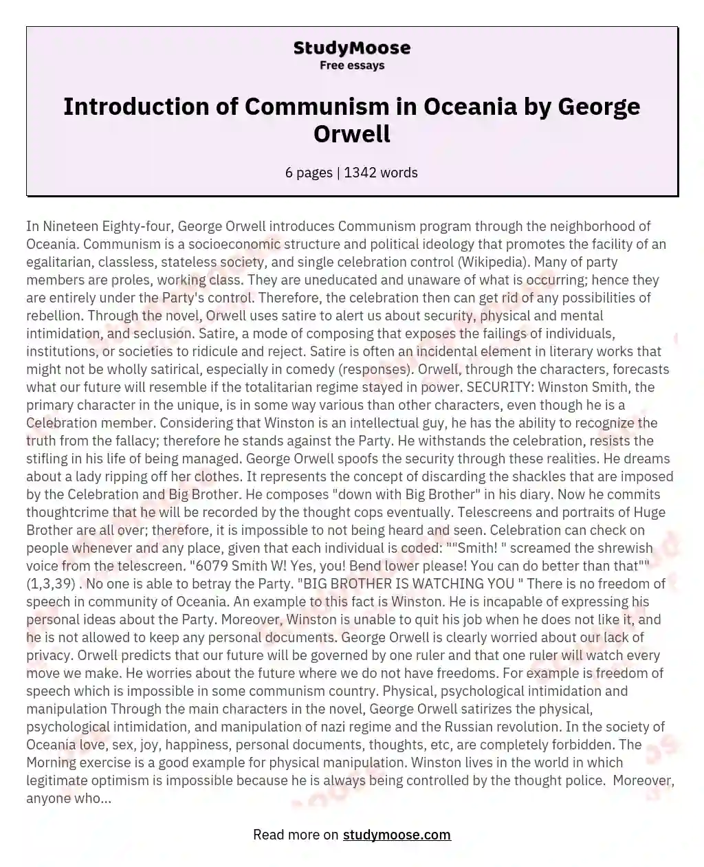 Introduction of Communism in Oceania by George Orwell essay