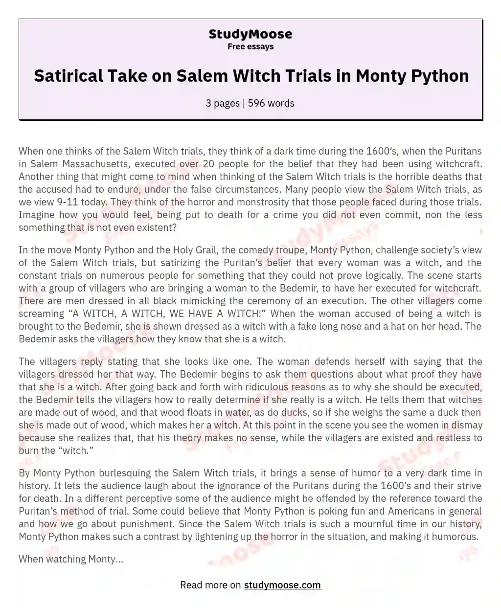 Satirical Take on Salem Witch Trials in Monty Python essay