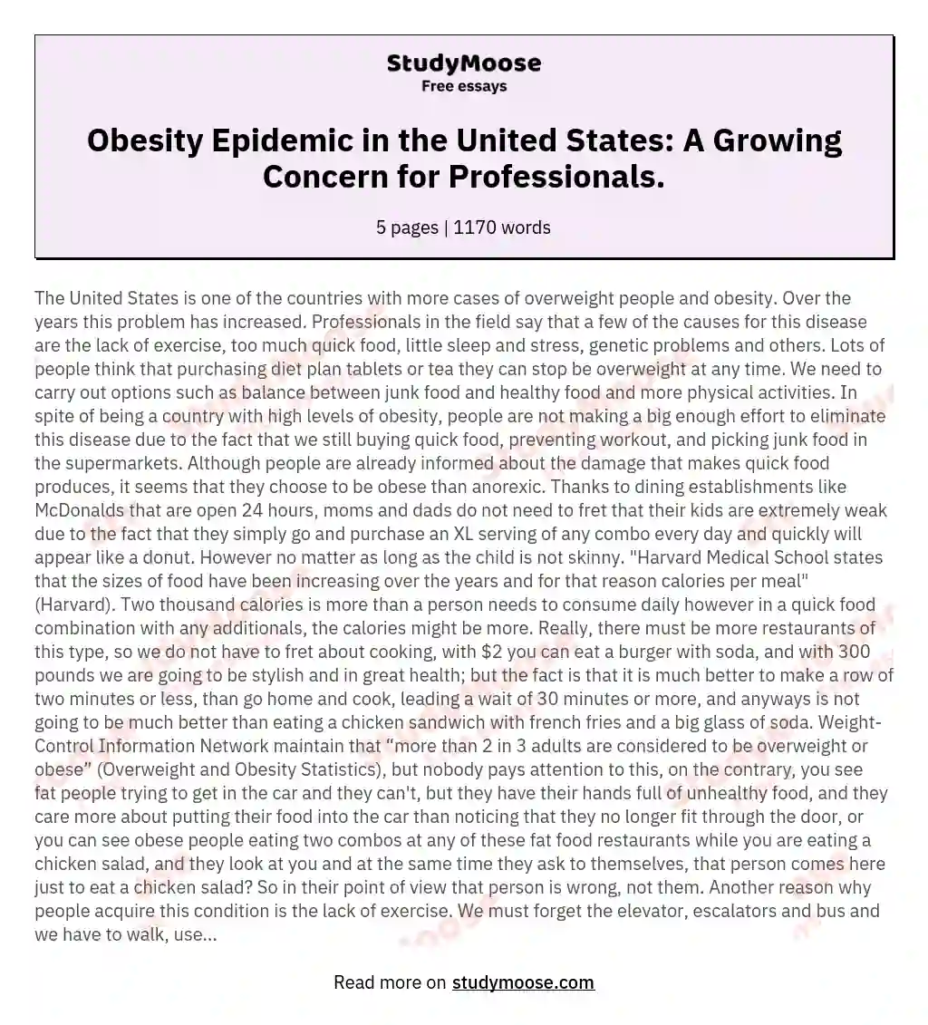 Obesity Epidemic in the United States: A Growing Concern for Professionals. essay