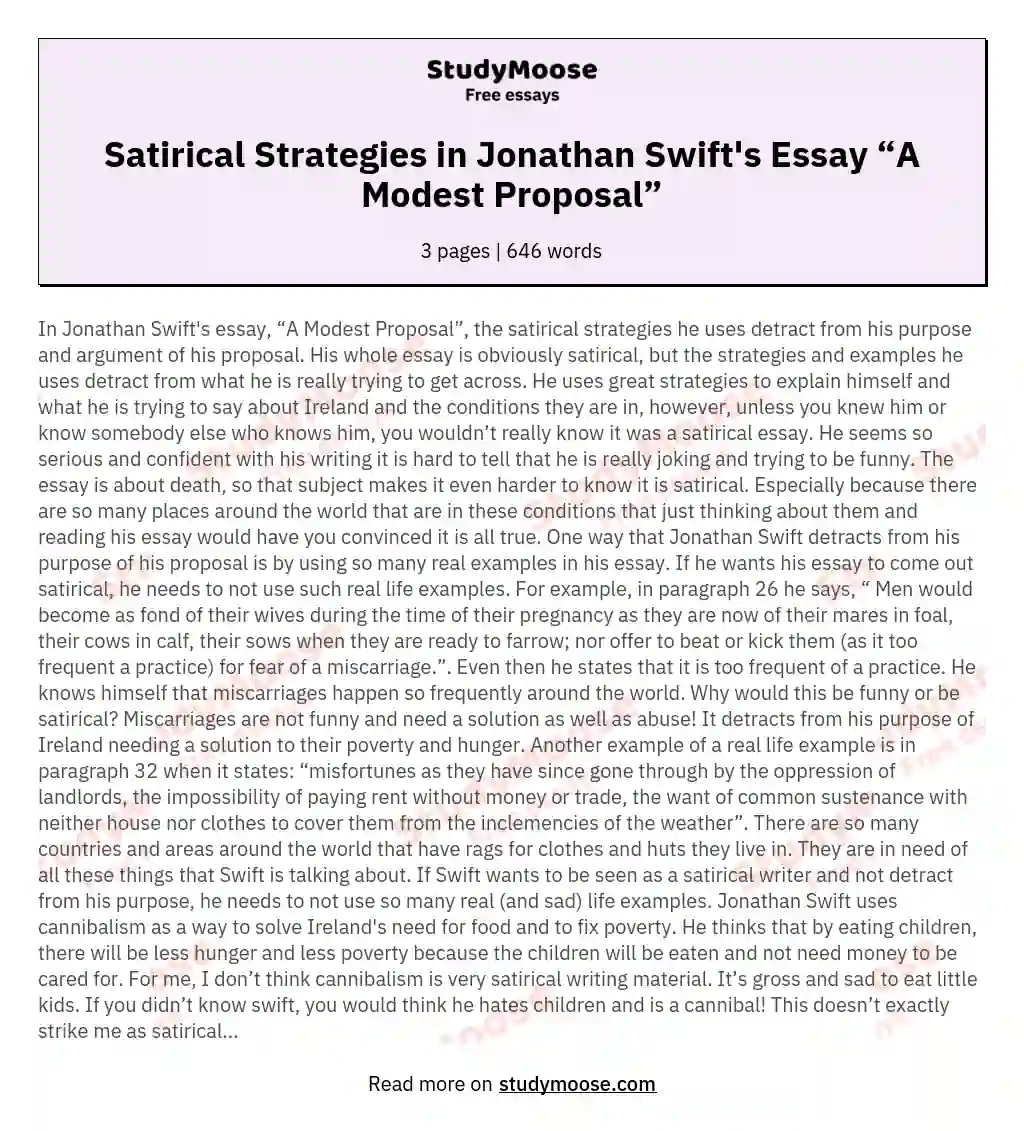 Satirical Strategies in Jonathan Swift's Essay “A Modest Proposal” essay