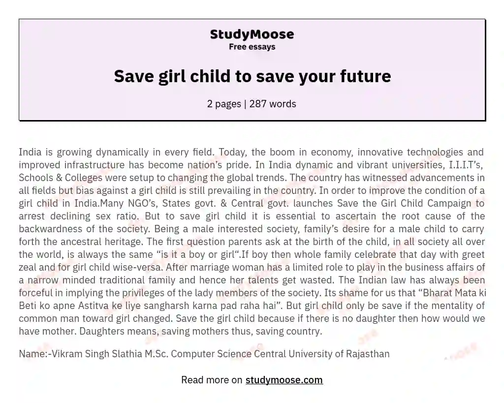 Save girl child to save your future essay