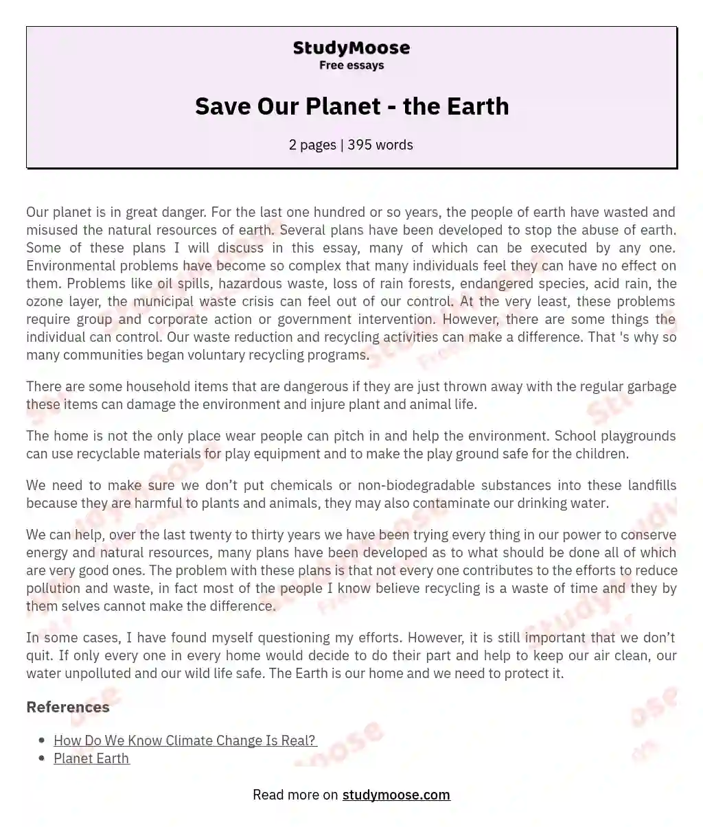 Save Our Planet - the Earth essay