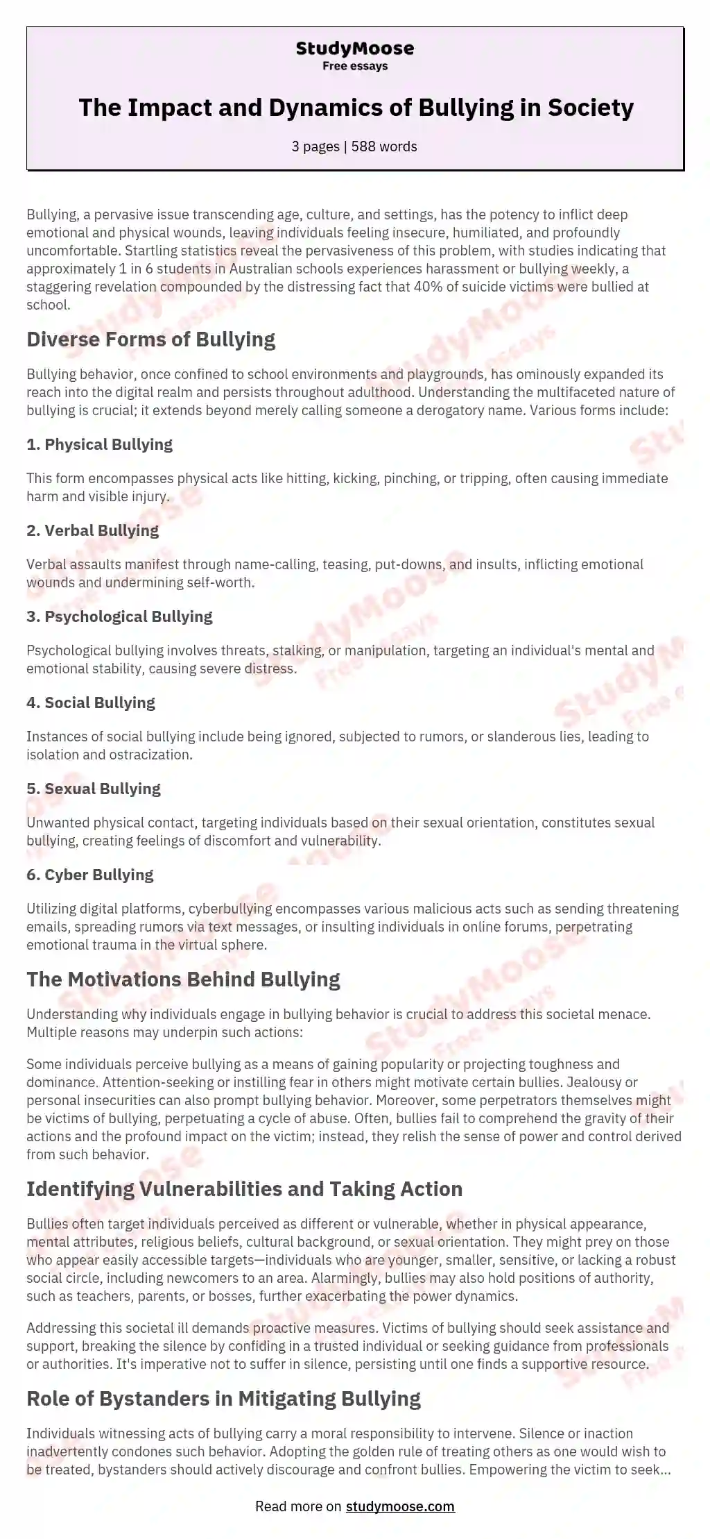 The Impact and Dynamics of Bullying in Society essay