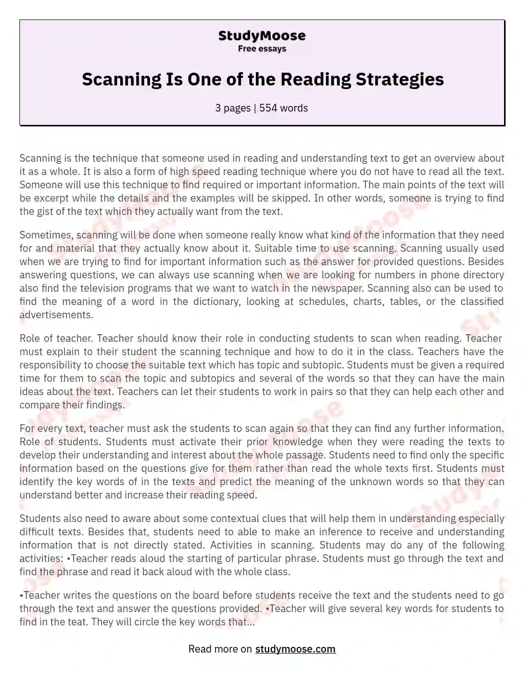 Scanning Is One of the Reading Strategies essay