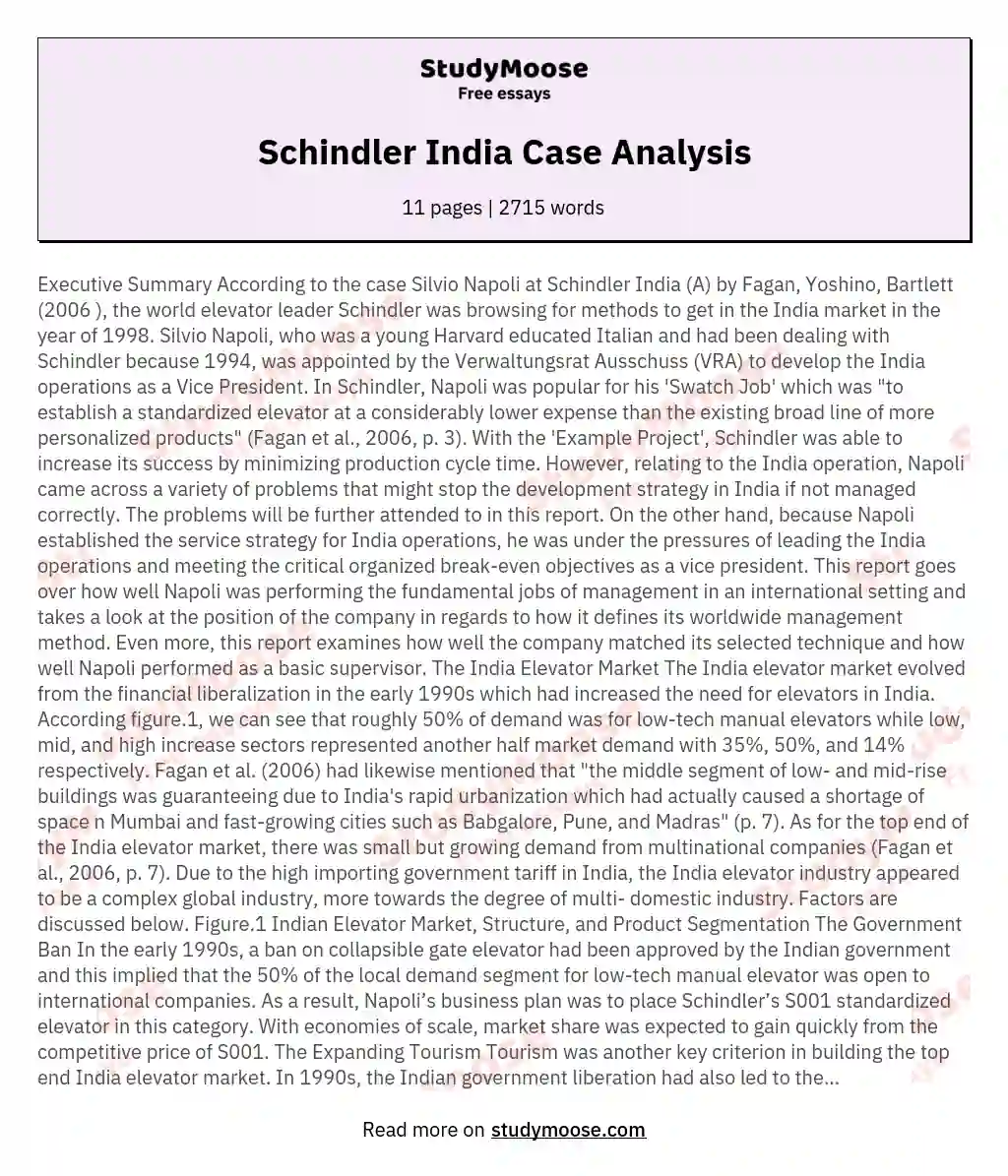 Schindler India Case Analysis essay