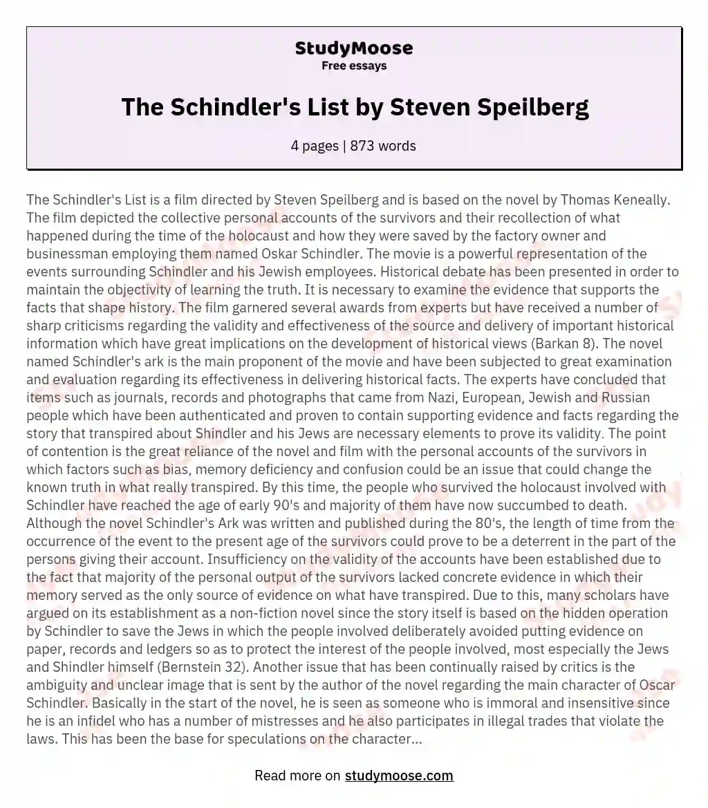 The Schindler's List by Steven Speilberg essay