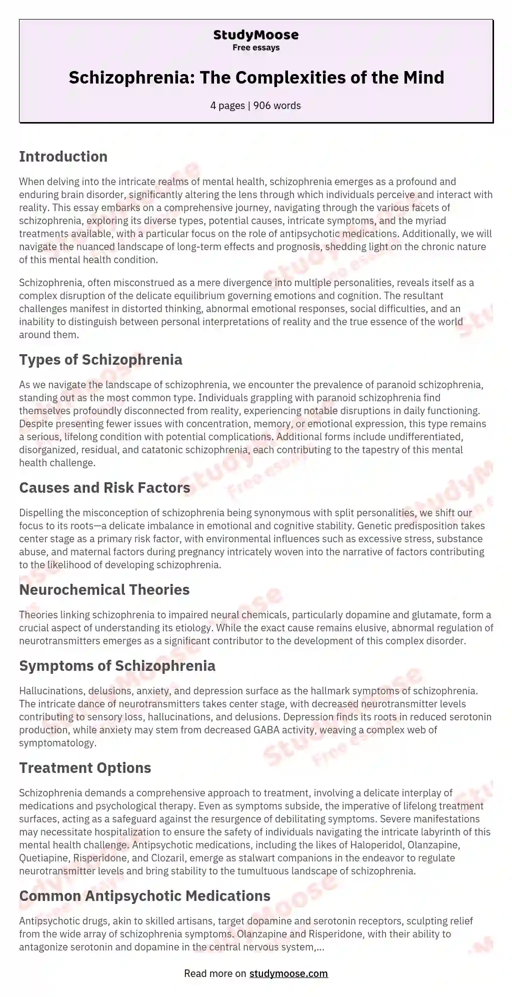thesis statement about schizophrenia