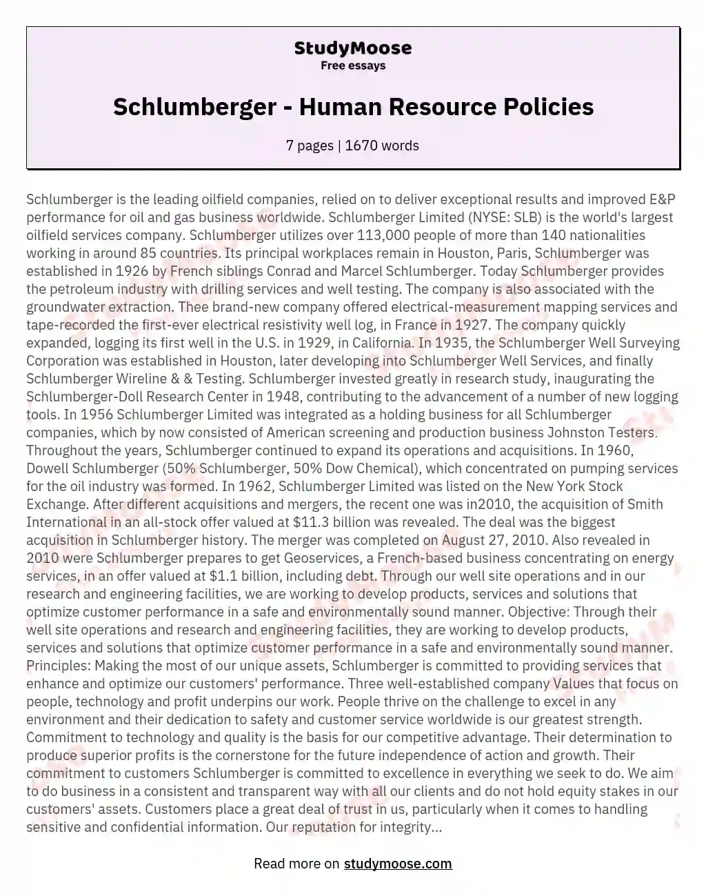 Schlumberger - Human Resource Policies essay