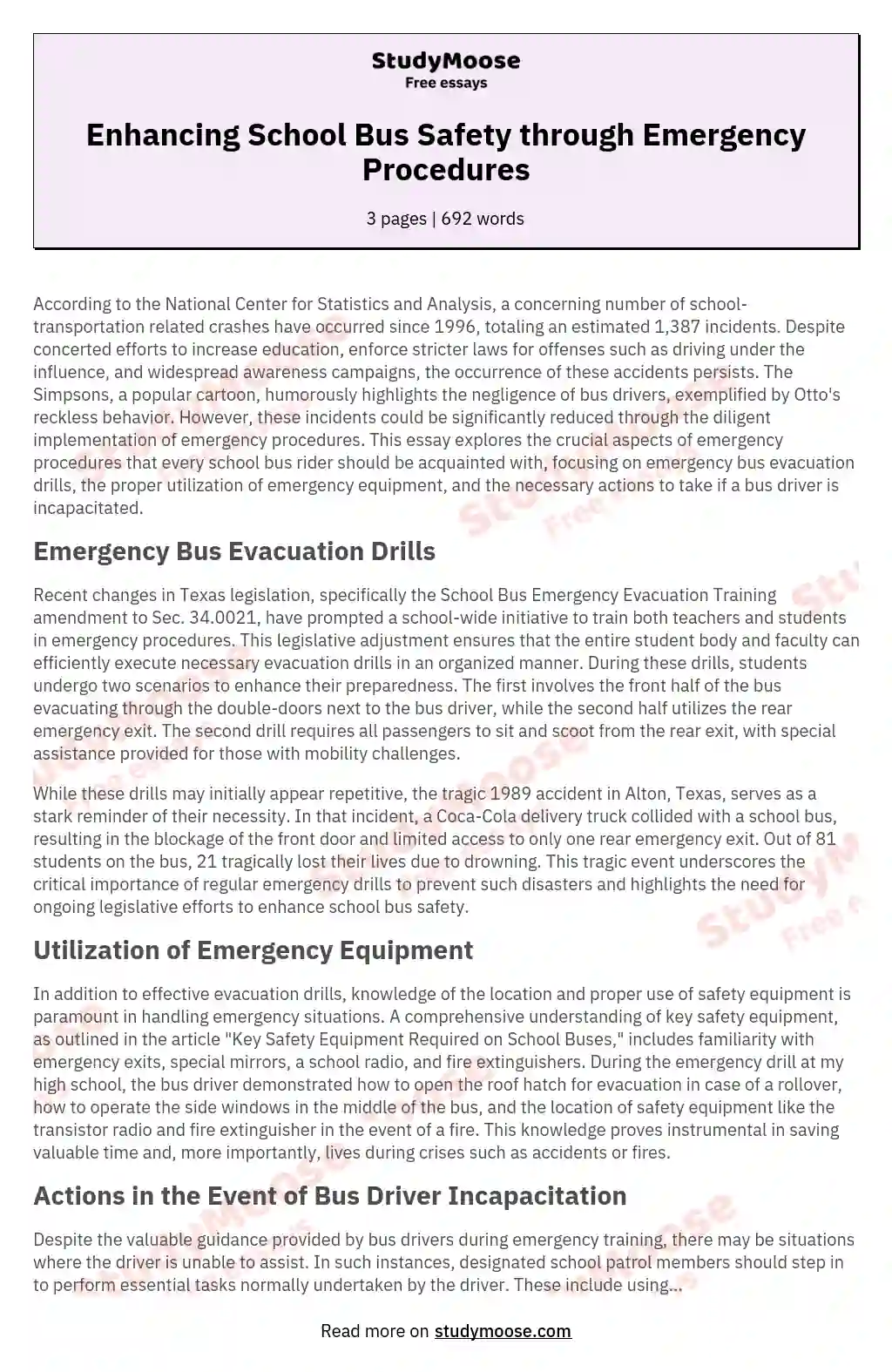 Enhancing School Bus Safety through Emergency Procedures essay