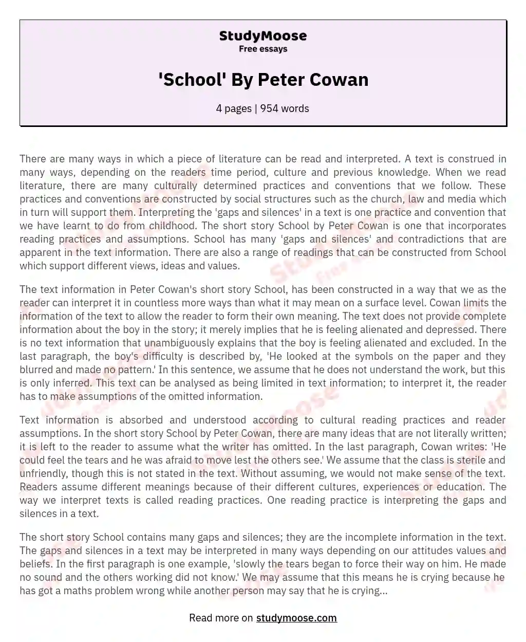 'School' By Peter Cowan essay