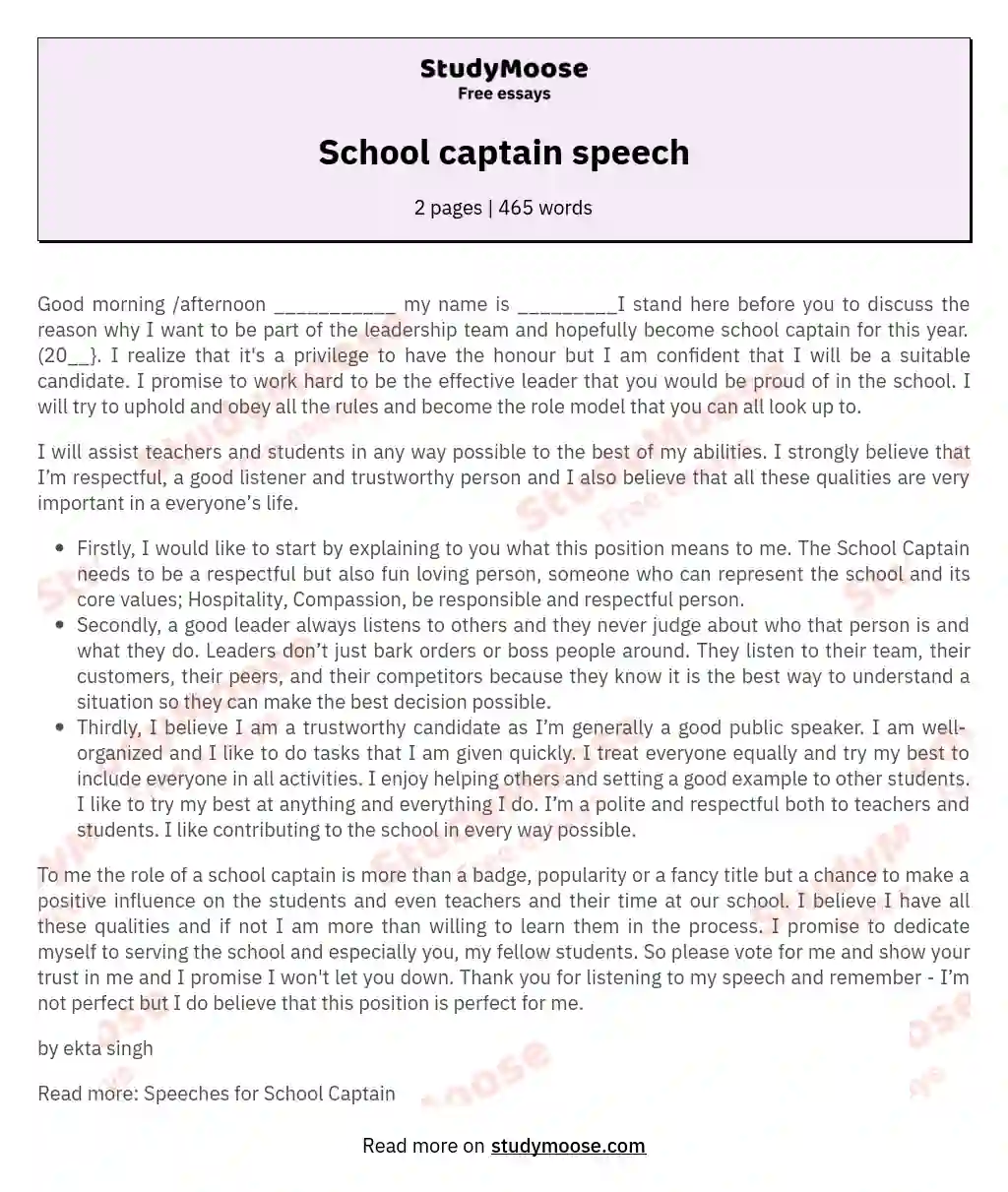 School captain speech essay