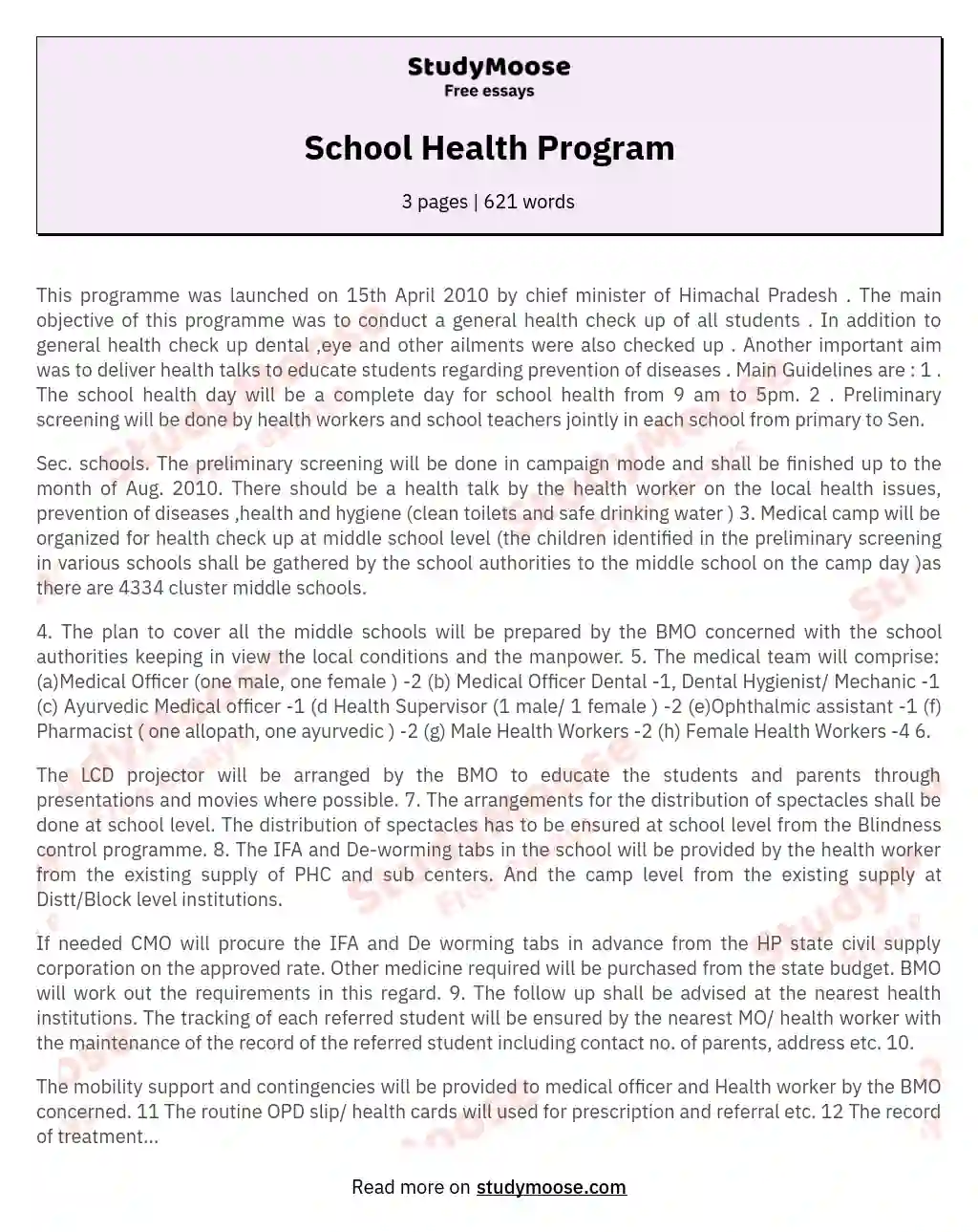 School Health Program essay