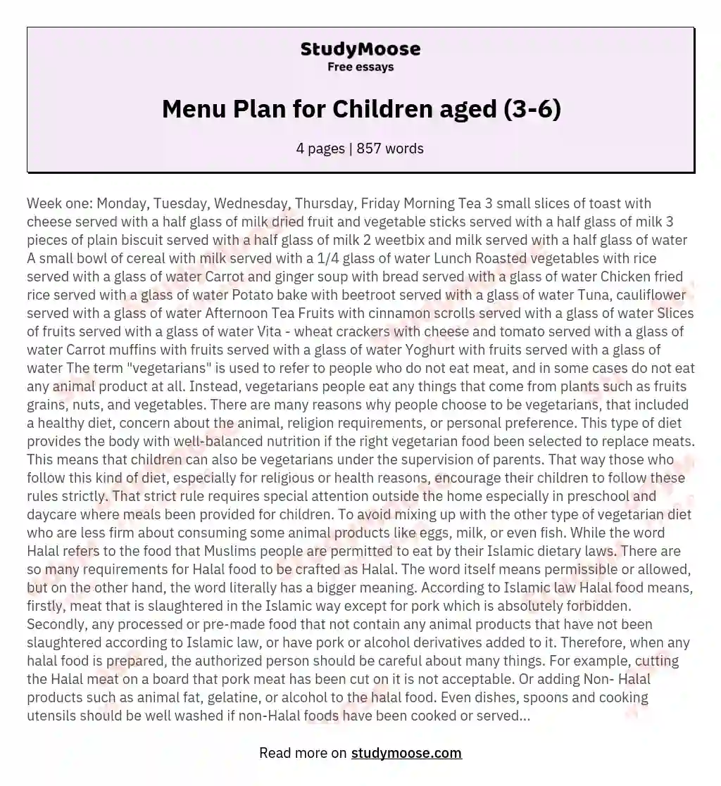 Menu Plan for Children aged (3-6) essay