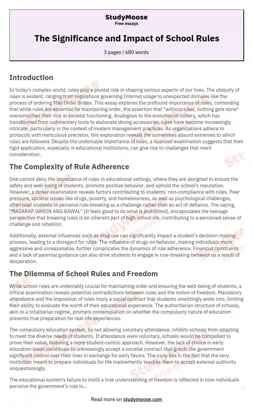 The Significance and Impact of School Rules essay