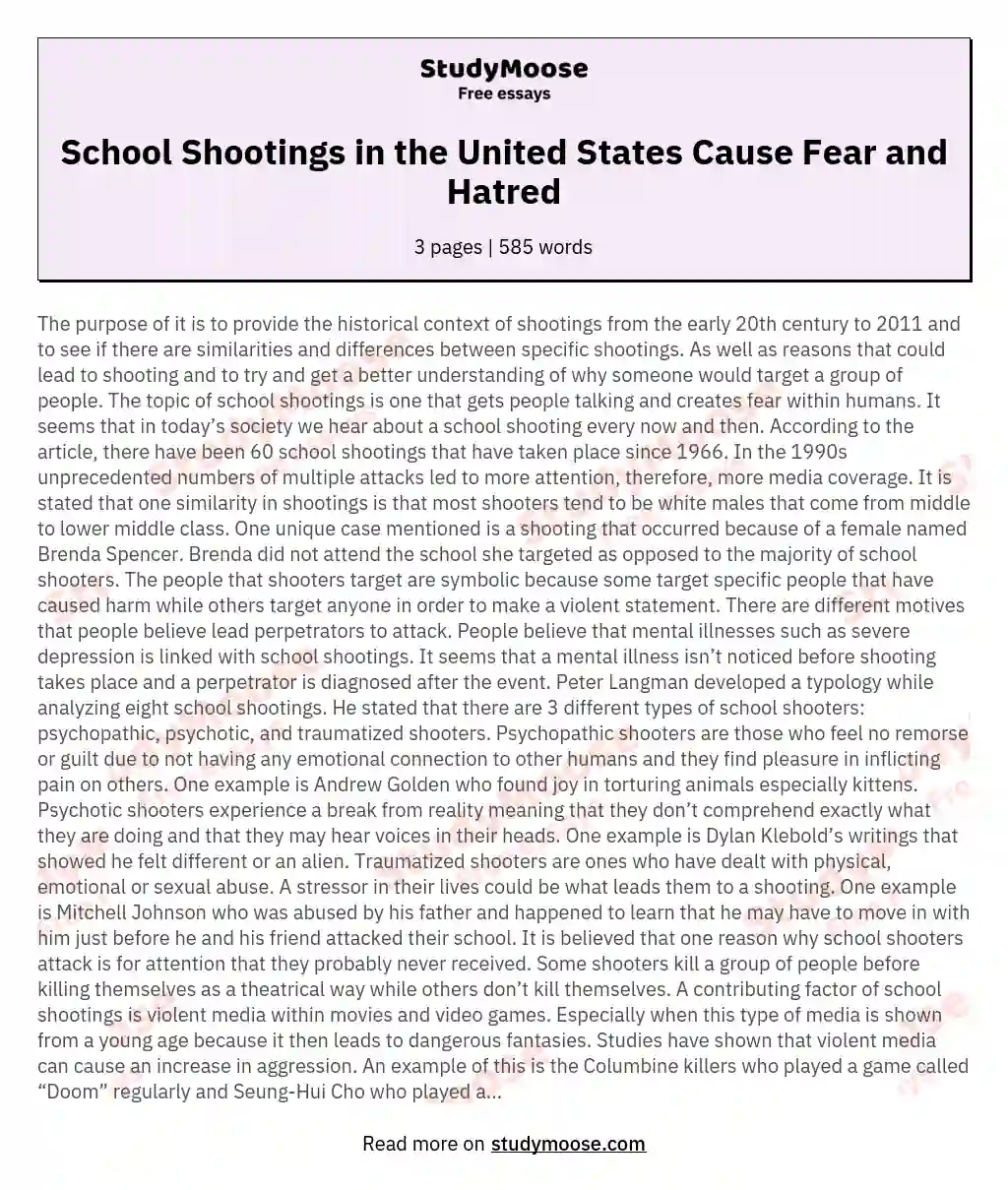 School Shootings in the United States Cause Fear and Hatred essay