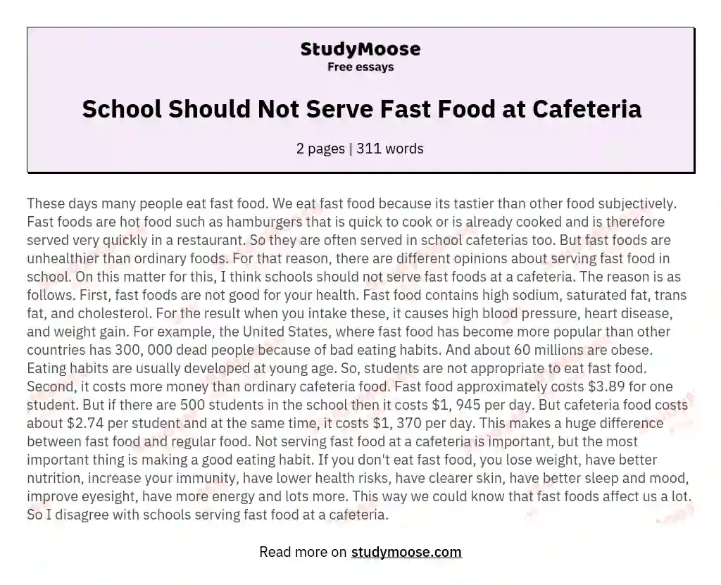 School Should Not Serve Fast Food at Cafeteria