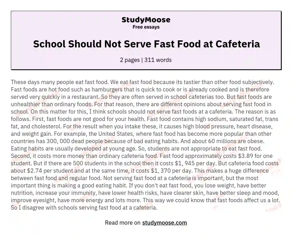 School Should Not Serve Fast Food At Cafeteria Free Essay Example