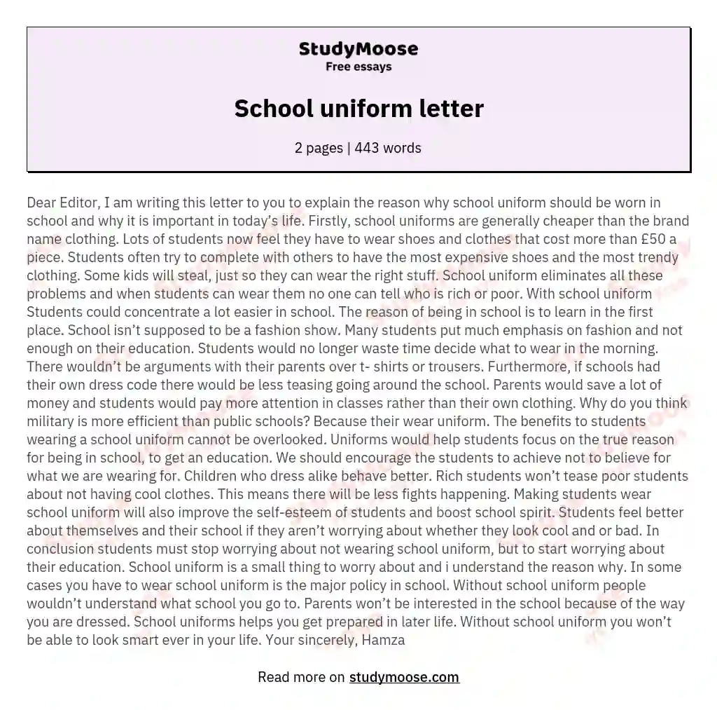 School uniform letter